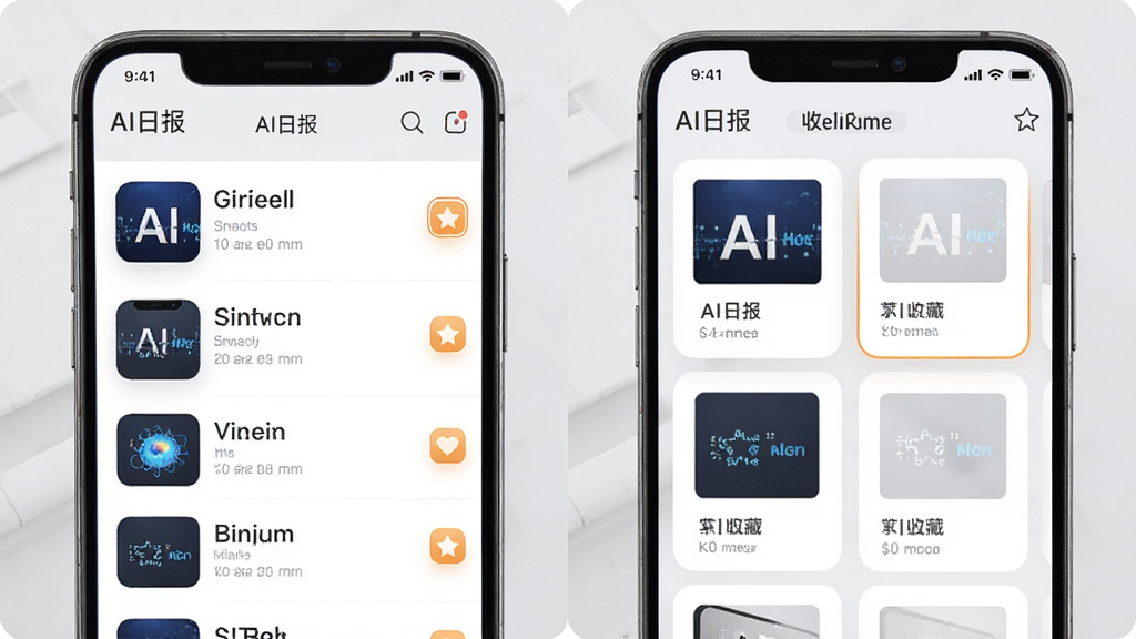 主体为AI日报离线阅读与收藏功能展示,布局为手机屏幕分屏显示日报列表与收藏夹,排版为左侧列表右侧收藏卡片,风格为简约商务浅灰质感,细节为屏幕中文字“AI日报”出现在标题栏、收藏图标高亮,画质高清、干净、无多余元素