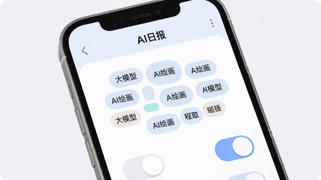 主体为AI日报订阅设置页面,布局为手机屏幕展示兴趣标签选择界面,排版为标签云与开关按钮组合,风格为柔和圆角浅色设计,细节为屏幕中文字“AI日报”位于页头、标签含“大模型”“AI绘画”等字样,画质高清、干净、无多余元素