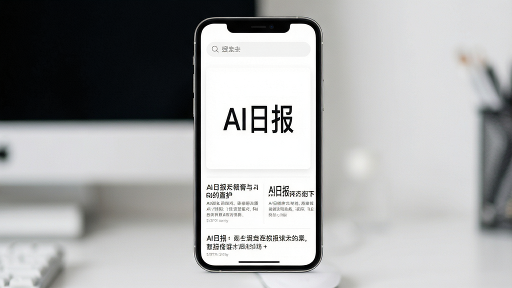 主体为AI日报应用主界面纯净展示,布局为手机居中显示简洁资讯流,排版为顶部搜索栏与下方日报条目,风格为极简白底黑字设计,细节为屏幕中文字“AI日报”清晰、无广告横幅、界面留白充足,画质高清、干净、无多余元素