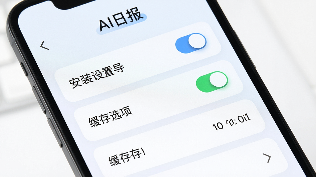 主体为AI日报安装与设置引导界面,布局为手机屏幕展示权限开关与缓存选项,排版为列表式设置项纵向排列,风格为清爽浅色圆角卡片设计,细节为屏幕中文字“AI日报”位于顶部、开关按钮清晰、背景干净,画质高清、干净、无多余元素
