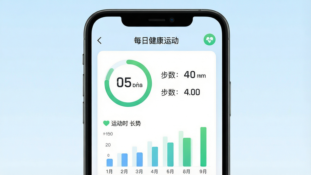 画面主体是每日健康运动软件的数据统计页面,布局为手机界面特写居中,背景为淡蓝色渐变,排版突出环形进度条与柱状趋势图,风格为现代简约的UI展示风格,细节包含步数数字、运动时长标签与绿色健康图标,画质高清干净,画面中显示文字“每日健康运动”,无多余元素