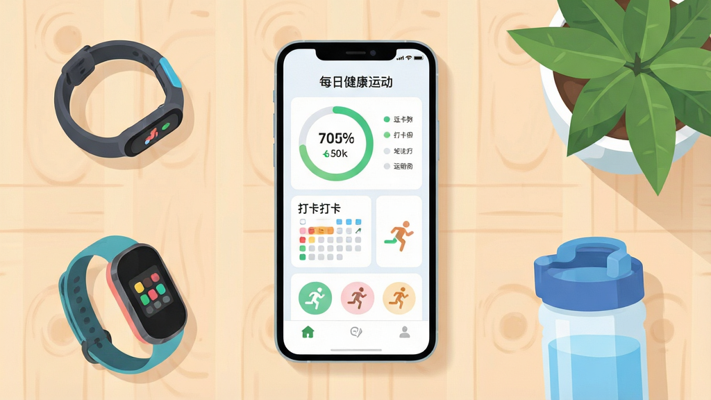 画面主体是一部智能手机屏幕显示每日健康运动软件主界面,布局为手机居中放置于浅色木质桌面,周围搭配运动手环、水杯与绿色植物,排版简洁居中,风格为清新明快的扁平化插画,细节包含步数环、打卡日历、运动图标与柔和光影,画质清晰干净,画面中显示文字“每日健康运动”,无多余元素