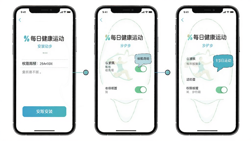 画面主体是每日健康运动软件安装与权限设置的操作示意图,布局为手机界面分步展示居中排列,排版为三步操作流程,风格为简洁明了的教程插画,细节包含安装按钮、权限开关与提示气泡,画质清晰干净,画面中显示文字“每日健康运动”,无多余元素