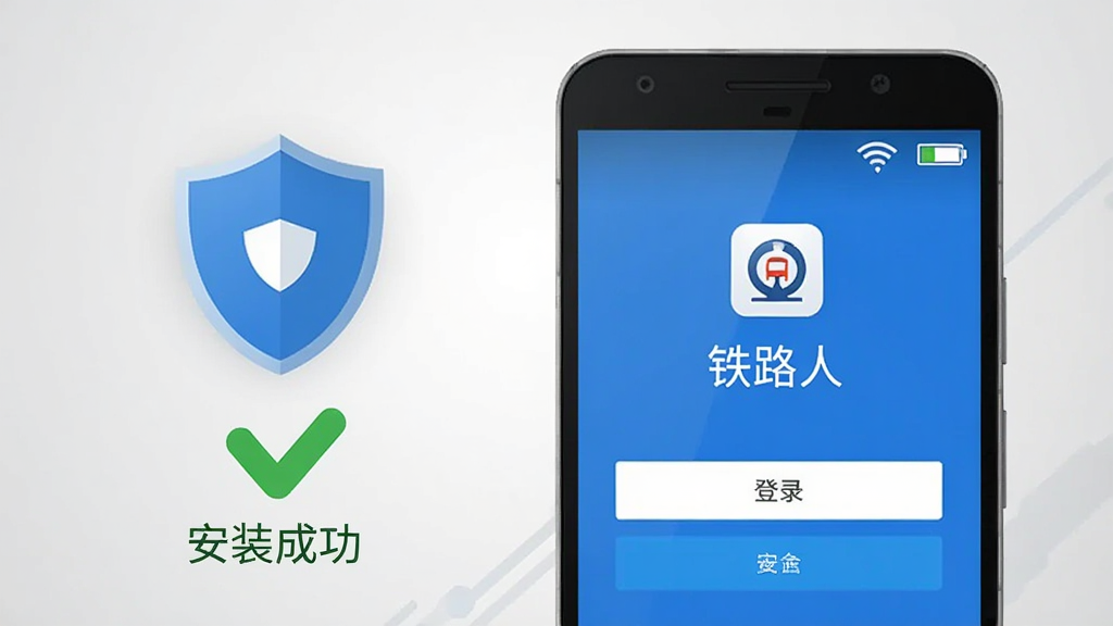 一部安卓手机屏幕显示“铁路人”应用的登录页面,页面旁边悬浮着盾牌安全图标、Wi-Fi信号图标与电池图标,手机下方有“安装成功”的对勾标记,背景为浅灰色渐变,整体为扁平化科技风格,配色以蓝色和白色为主,构图简洁明了,画质干净高清,无多余装饰