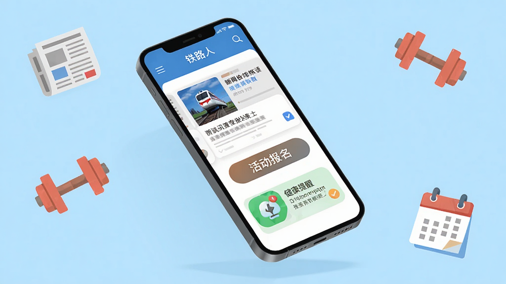 手机屏幕展示“铁路人”应用的资讯阅读页面,页面上有新闻卡片、活动报名按钮与健康提醒图标,手机悬浮在浅蓝色背景中,周围点缀报纸、哑铃与日历等小图标,整体为扁平化信息图风格,配色清爽明亮,排版疏密有致,画质干净高清,无杂乱元素