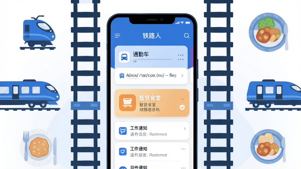画面中央展示一部安卓手机,手机屏幕上显示“铁路人”应用的主界面,界面包含通勤车次卡片、智慧食堂入口与工作通知栏,手机周围环绕铁路轨道、列车剪影与食堂餐盘等扁平化图标元素,整体采用蓝白配色,布局简洁对称,风格为现代扁平化UI插画,细节清晰、图标圆润,画质干净高清,无多余杂乱元素