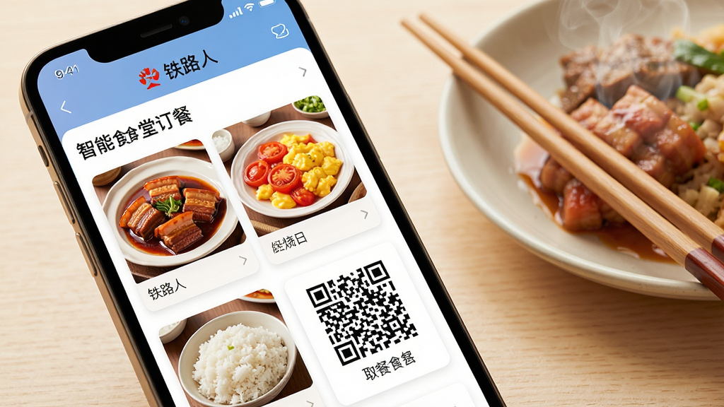 手机屏幕特写展示“铁路人”应用的智慧食堂订餐页面,页面上排列着红烧肉、番茄炒蛋、米饭等菜品卡片与取餐二维码,手机旁放置一个冒着热气的餐盘和一双筷子,背景为浅色木质桌面,整体为清新写实风格,光线柔和、色彩温暖,画质干净高清,无多余杂物