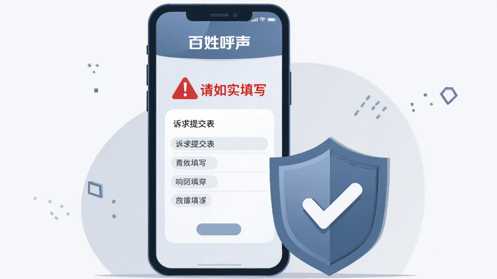 一部手机屏幕显示“百姓呼声”诉求提交表单,表单上方有红色警示图标与“请如实填写”字样,手机旁放置一个盾牌与勾选标记,背景为浅灰色,插画风格简洁,构图居中,配色以蓝灰为主点缀红色,画质清晰干净