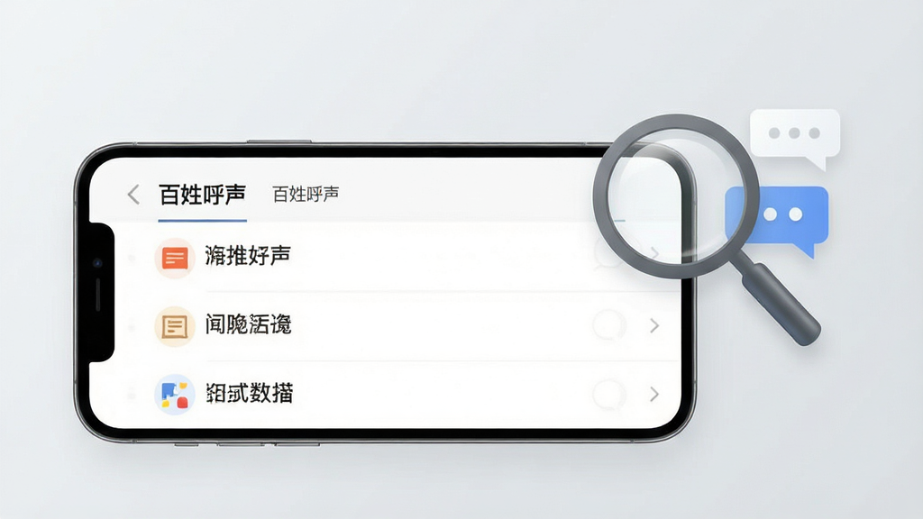 画面为一部手机横屏展示资讯列表页,页面标题为“百姓呼声”,列表项配有小图标与简短标题,手机右侧漂浮着放大镜与对话气泡元素,背景为浅灰渐变,风格简约现代,布局左重右轻,画质清晰,整体干净无多余装饰