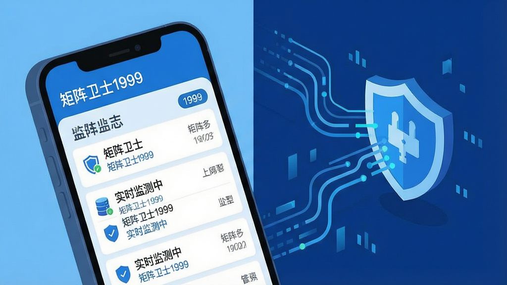 一张展示实时监测功能的示意图,画面左侧为手机屏幕特写,屏幕内显示矩阵卫士1999的监测日志列表,右侧为抽象的数据流线条汇聚到盾牌图标上,主体突出手机与盾牌,布局为左右分栏,风格为科技蓝配色扁平插画,细节包含细小文字标签“矩阵卫士1999”和“实时监测中”,画质清晰,画面干净,无多余元素