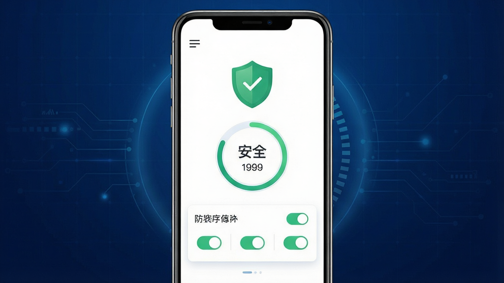 一张手机安全软件界面展示图,画面中央是一部竖屏智能手机,屏幕内呈现矩阵卫士1999的主界面,包含绿色盾牌图标、安全评分圆环和三项防护开关卡片,背景为深蓝色科技感渐变,布局简洁清晰,风格为扁平化UI设计,细节包括细微的网格纹理和柔和的光晕效果,画质高清,画面干净,无多余元素