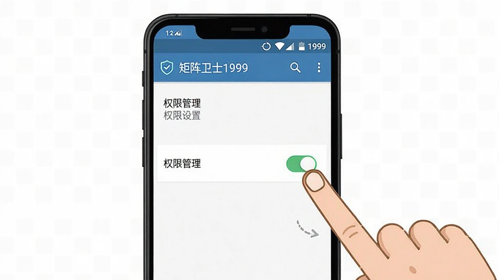 一张手机操作指引示意图,画面为一部安卓手机屏幕特写,显示矩阵卫士1999的权限设置页面,旁边有手指点击开关的动作示意,布局为手机居中加手指侧边,风格为简洁教程插画风,细节包含屏幕内文字“矩阵卫士1999”和“权限管理”,画质清晰,画面干净,无多余元素