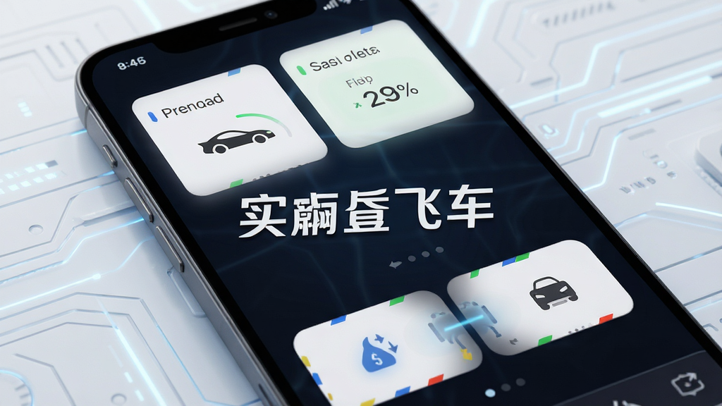 实飞车应用主界面展示,手机屏幕中呈现车辆状态卡片与远程控制按钮,背景为简洁的浅色科技风格,画面中央放置软件名称“实飞车”,整体布局清晰,排版居中,风格现代简约,细节干净,画质高清,无多余元素
