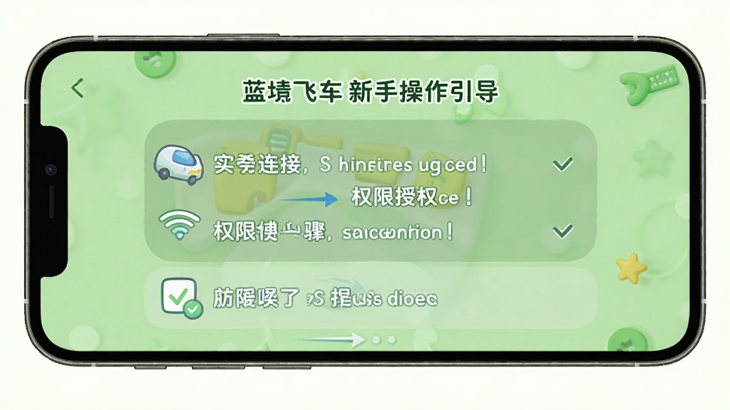 实飞车新手操作引导页面,手机屏幕显示蓝牙连接步骤与权限授权提示,界面采用分步引导布局,背景为浅绿色调,风格清新友好,细节清晰,画质高清,干净无多余元素