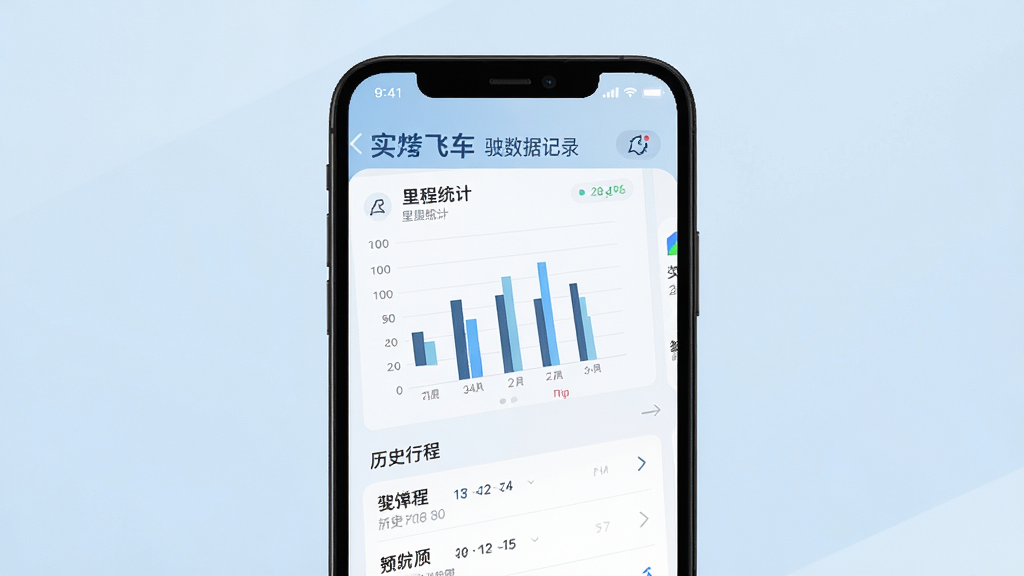 实飞车驾驶数据记录页面,手机屏幕展示里程统计图表与历史行程列表,界面排版整齐,背景为浅蓝色调,风格简洁商务,细节精致,画质高清,干净无杂乱元素