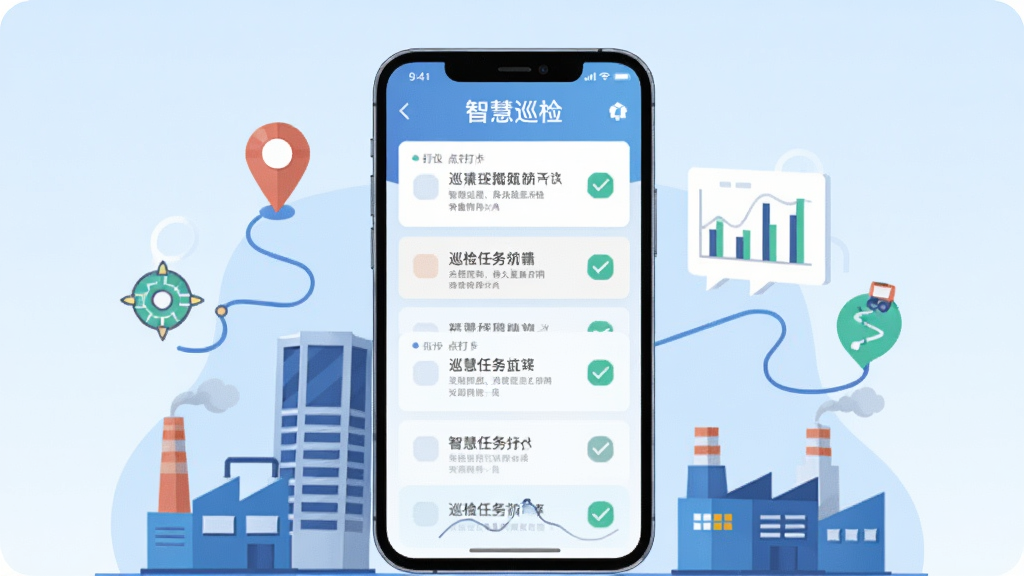 画面主体是一部竖屏智能手机,屏幕中展示巡检任务列表与点位打卡界面,手机周围环绕楼宇、工厂设备、巡检路线图标等元素;整体采用上下分层布局,手机居中放大,背景为浅蓝渐变;风格为扁平化科技插画,线条干净利落;细节上手机屏幕内可见