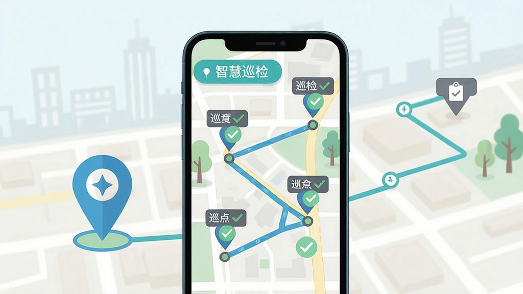 画面主体是一部手机展示地图路线与多个巡检点位标记,点位上带有编号与勾选状态,手机旁边放置定位图标与路线线条;布局为手机居中,路线从手机屏幕延伸至背景地图;风格为扁平化地图插画,配色清新;细节上可见