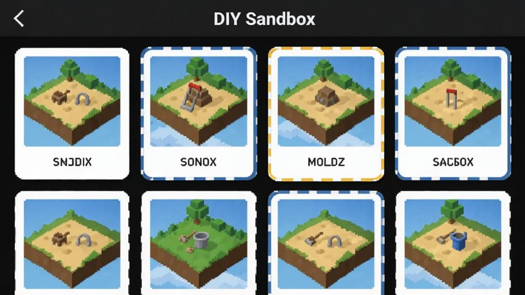 DIY Sandbox模板场景选择界面生图,主体为多个沙盒场景缩略图卡片排列,布局为手机界面网格展示,排版顶部有“DIY Sandbox”标题栏,风格为简洁卡片式UI与像素缩略图结合,细节包含地形预览、场景名称、选中高亮边框,画质清晰,干净无杂乱元素
