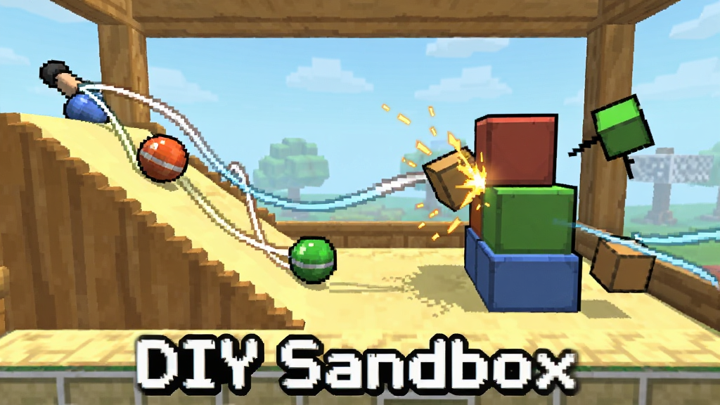 DIY Sandbox物理互动效果生图,主体为沙盒场景中小球沿斜坡滚落并撞击方块堆,布局为侧视全景展示互动过程,排版下方留出软件名称“DIY Sandbox”标注,风格为卡通像素与轻物理示意结合,细节包含运动轨迹线、碰撞火花、方块位移,画质清晰明亮,画面干净