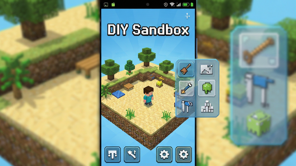 DIY Sandbox安卓应用主界面预览图,主体为像素风格沙盒世界与悬浮工具面板,布局为手机竖屏截图居中展示,排版上方放置软件名称“DIY Sandbox”文字,风格为清爽科技感与像素游戏风结合,细节包含方块地形、角色小人、底部功能按钮、顶部状态栏,画质清晰锐利,干净无多余元素