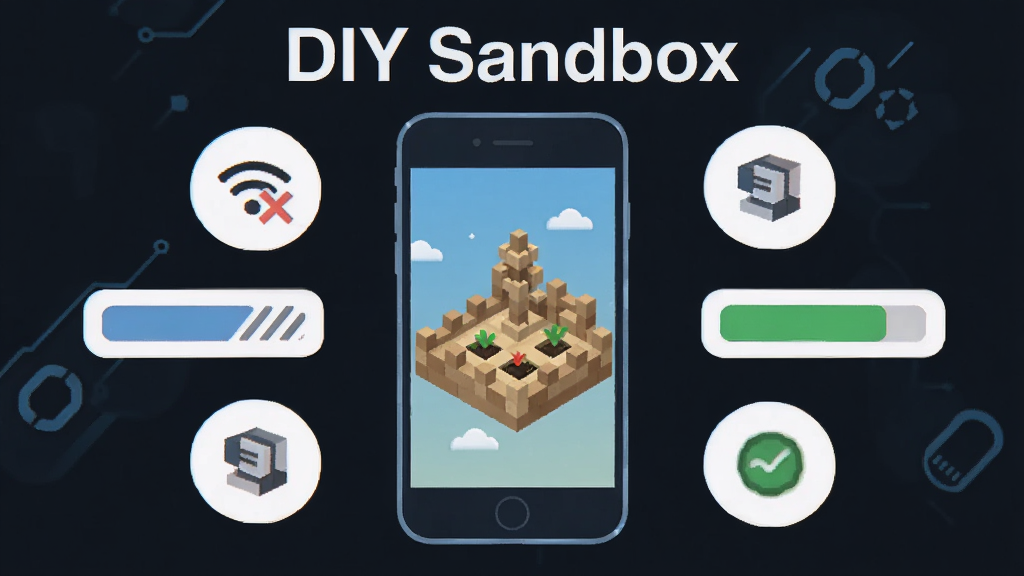 DIY Sandbox离线运行与轻量特性生图,主体为手机脱离网络环境仍显示沙盒建造画面,布局为手机居中加周围简洁图标示意离线与轻量,排版上方标注“DIY Sandbox”文字,风格为扁平化科技插画,细节包含WiFi关闭图标、存储空间条、流畅运行指示,画质干净清爽,无多余元素
