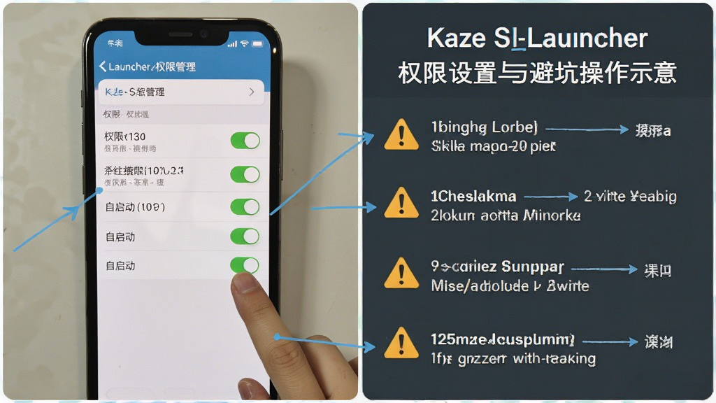 Kaze SLauncher 权限设置与避坑操作示意,主体为手机屏幕显示系统权限管理页面,旁边配有一只手点击「自启动」开关,布局为左右分栏的功能说明构图,风格为教程图解风,细节包含权限列表、开关高亮、警示图标,画质清晰,画面干净,无多余元素