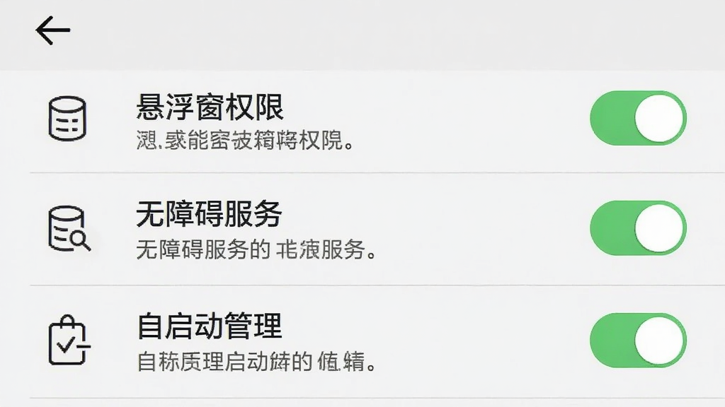 手机屏幕显示设置界面,界面中列出多个权限开关包括悬浮窗权限、无障碍服务、自启动管理,每个开关旁有说明文字,布局为手机竖屏列表式展示,风格为系统设置类界面示意图,细节包括开关的绿色开启状态、权限图标的线性设计、界面顶部的返回箭头,画质清晰,干净,无多余元素