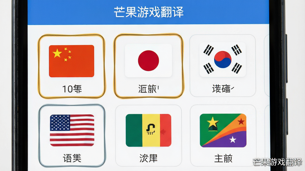 手机屏幕显示语言选择界面,界面中排列着多个语言选项图标,包括中国国旗、日本国旗、韩国国旗、美国国旗等,图标呈网格状布局,风格为清新扁平化设计,细节包括每个语言图标下方的文字标签、选中状态的高亮边框、界面顶部标题栏,画质高清,干净,无多余元素,画面中带有