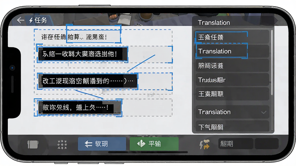 手机屏幕展示游戏任务界面,界面中多个文字区域被蓝色识别框自动标注,识别框内文字被提取并显示在右侧翻译栏中,布局为手机横屏展示,风格为技术解析示意图,细节包括识别框的虚线边框、翻译栏的列表式排版、界面底部的操作按钮,画质清晰,干净,无多余元素