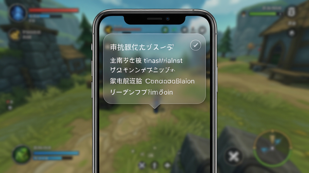 一部智能手机屏幕显示游戏界面,屏幕上方悬浮一个半透明翻译窗口,窗口内呈现中英日三种语言对照文字,背景是模糊的游戏场景,整体布局为手机正面居中展示,排版简洁清晰,风格为科技感UI展示图,细节包括悬浮窗圆角设计、翻译文字清晰锐利、手机边框金属质感,画质高清,干净,无多余元素