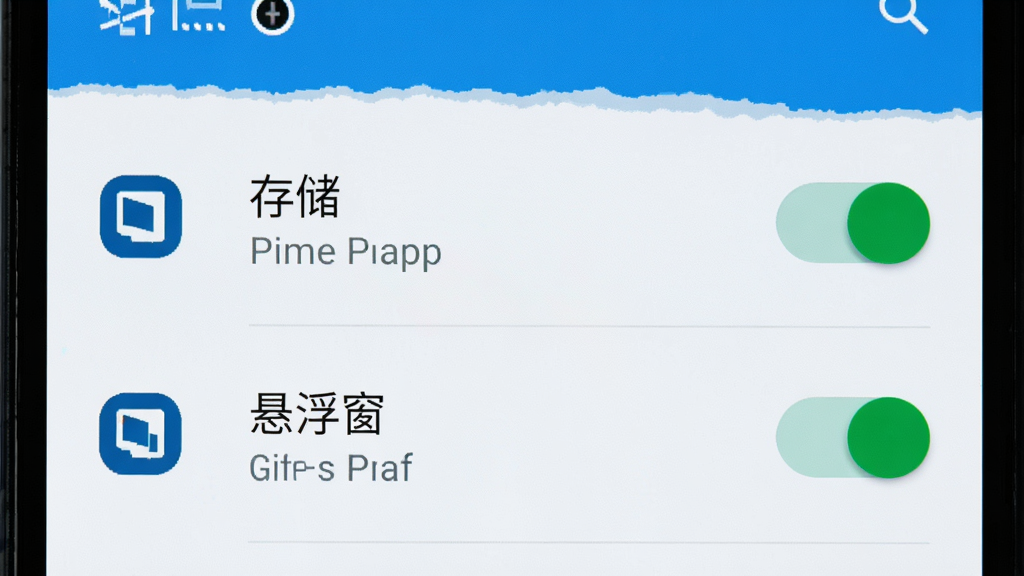 一部安卓手机屏幕显示应用权限管理界面,列表中“存储”与“悬浮窗”权限开关处于开启状态,画面采用正面特写角度,风格为系统设置界面展示风,细节包括权限图标与开关按钮的高亮状态,画质清晰、界面干净、无多余元素