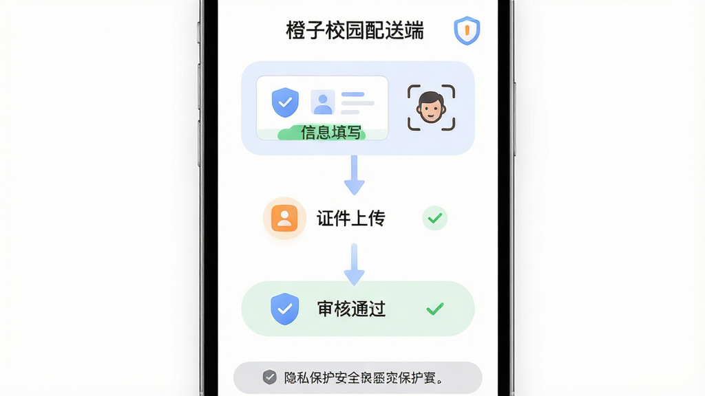 一张表现身份认证与安全功能的示意图,主体为手机屏幕中的认证流程页面,包含证件上传框与人脸识别图标,布局采用纵向步骤条形式,从上到下依次为信息填写、证件上传、审核通过三个节点,排版清晰有层次,风格为柔和圆角的现代界面风格,细节包括盾牌安全图标、审核状态对勾标记、隐私保护提示条,画质高清干净,背景纯白无杂乱,页面中可显示文字“橙子校园配送端”