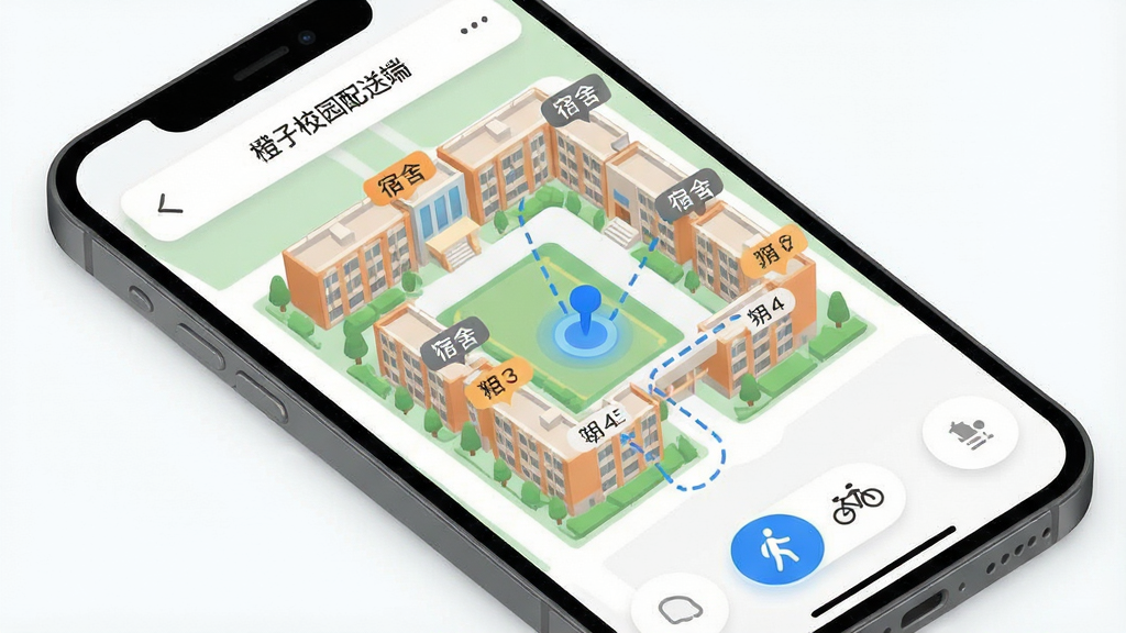 一张展示校园楼栋导航界面的示意图,主体为手机屏幕中的三维校园地图,地图上标注宿舍楼群与配送路线,布局采用斜俯视视角,排版以地图为视觉中心,四周留白简洁,风格为清爽的浅色系扁平插画,细节包括路线虚线、楼栋编号标签、当前位置蓝色光点、步行与骑行图标切换按钮,画质高清,画面干净无杂乱元素,地图中可显示文字“橙子校园配送端”