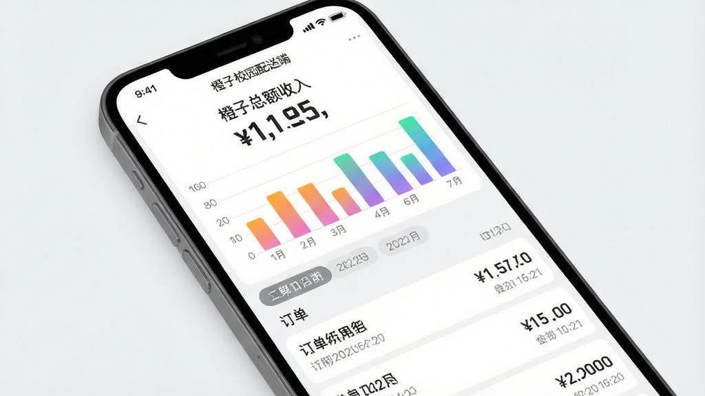 一张表现收入结算看板的界面概念图,主体为手机屏幕中的数据统计页面,包含柱状图与数字卡片,布局为上下分层结构,上部为收入总额大字展示,下部为订单明细列表,排版规整对齐,风格为简洁商务的扁平化设计,细节包括柱状图渐变配色、日期切换标签、订单条目中的金额数字与时间戳,画质清晰,背景浅灰干净,无多余装饰,页面中可显示文字“橙子校园配送端”