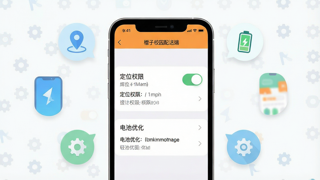 一张表现手机应用权限设置与省电优化的示意图,主体为手机屏幕中的系统设置页面,包含定位权限开关与电池优化选项,布局为手机居中、四周环绕设置图标气泡,排版简洁直观,风格为清新浅色扁平设计,细节包括定位图标、电池图标、权限开关滑块、提示文字条,画质高清,背景干净无杂乱元素,页面中可显示文字“橙子校园配送端”