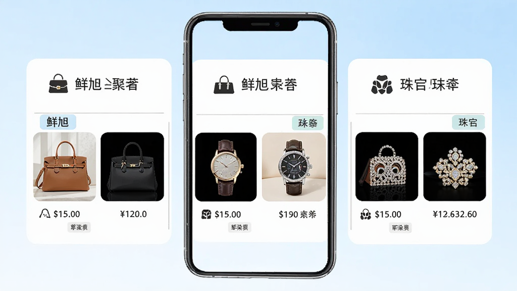 鲜旭堂二奢多品类商品聚合页面,主体为手机屏幕内展示箱包、腕表、珠宝三个品类的分区模块,布局为三栏并排卡片式排列,每栏顶部有品类图标与名称,下方为两件代表性商品缩略图与价格信息,风格为清新浅色系,细节包含浅蓝渐变背景、白色圆角卡片、细线分隔与品牌标识小标签,画质清晰干净,无多余元素