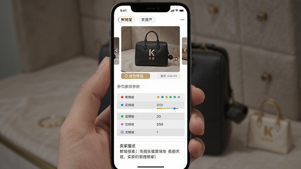 鲜旭堂二奢商品详情页参数展示,主体为手机屏幕内呈现商品实拍大图与成色等级标签,布局为上部图片轮播、中部参数表格、下部卖家描述区域,风格为素雅极简风,细节包含白色背景、细灰边框、成色等级以彩色圆点标识、参数行交替浅灰底色,画质清晰干净,无多余元素