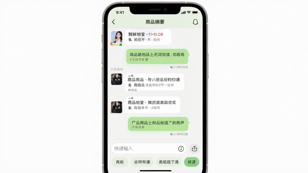 鲜旭堂二奢买卖沟通界面,主体为手机屏幕内呈现聊天对话窗口与商品卡片,布局为上部商品摘要条、中部对话气泡列表、下部输入框与快捷短语按钮,风格为柔和圆角社交风,细节包含浅绿与白色气泡区分、圆角输入框、商品缩略图嵌入对话、时间戳小字,画质清晰干净,无多余元素