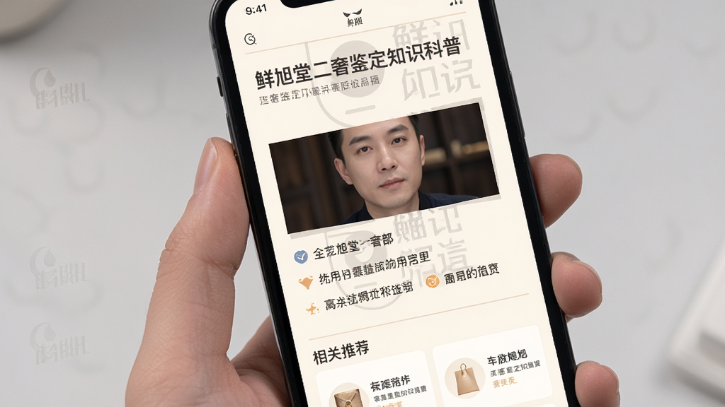 鲜旭堂二奢鉴定知识科普页面,主体为手机屏幕内展示一篇图文混排的鉴定知识文章,布局为顶部标题区、中部配图与要点列表、底部相关推荐卡片,风格为清爽素雅阅读风,细节包含米白背景、深灰文字、品牌标识水印、要点前的小图标与浅色分割线,画质清晰干净,无多余元素