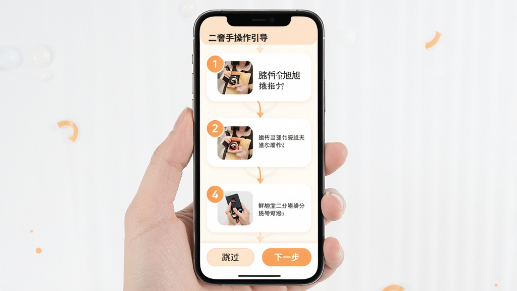 鲜旭堂二奢新手操作引导页面,主体为手机屏幕内呈现分步引导卡片,布局为纵向步骤列表,每步包含序号圆标、操作示意小图与简短文字说明,风格为明快扁平化设计,细节包含浅橙与白色搭配、圆角卡片、步骤间连接线、底部跳过与下一步按钮,画质清晰干净,无多余元素