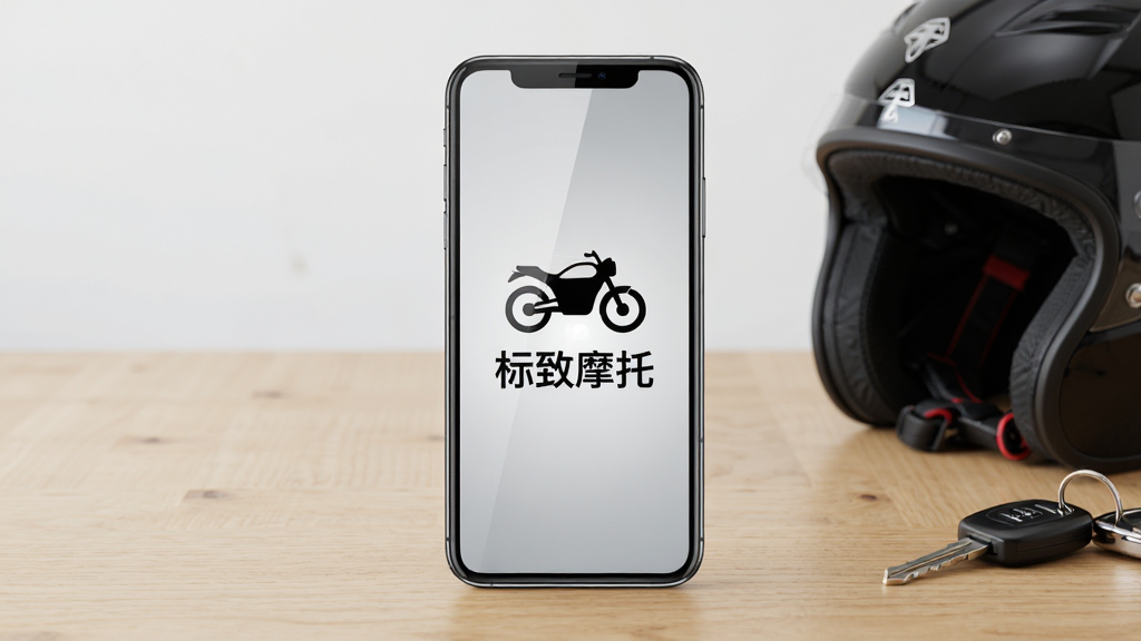 一部智能手机竖屏放置在浅色木质桌面上,屏幕显示标致摩托APP首页界面,界面包含摩托车轮廓图标与“标致摩托”中文标题,背景为柔和的灰白色渐变,画面右侧摆放一顶黑色摩托车头盔与车钥匙,整体布局居中对称,风格为清爽写实的产品展示风,细节包括屏幕反光、木纹质感与头盔材质表现,画质清晰锐利,画面干净无多余元素
