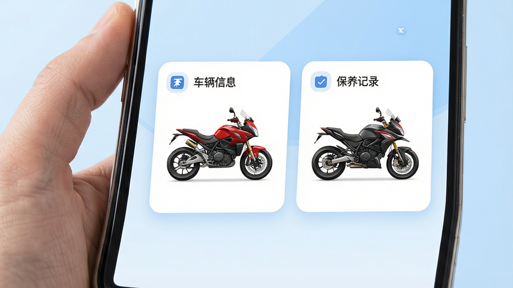 手机屏幕展示标致摩托APP车辆管理界面,画面中央为两辆不同型号的摩托车缩略卡片并排排列,卡片上标注“车辆信息”“保养记录”等文字,背景为淡蓝色渐变,画面左侧有一只手握持手机,风格为简洁明快的UI展示风,细节包括卡片圆角、图标线条与屏幕高光,画质干净清晰,无杂乱装饰元素