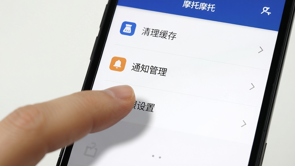 手机屏幕显示标致摩托APP设置页面,画面中包含“清理缓存”“通知管理”“权限设置”等选项列表,背景为白色,画面左侧有一只手点击屏幕,风格为简洁的手机操作演示风,细节包括列表分割线、图标配色与手指阴影,画质清晰,画面干净无多余装饰