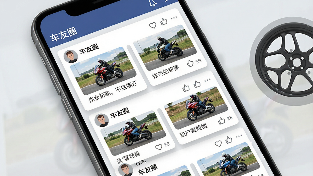 手机屏幕显示标致摩托APP社区页面,画面中排列着多条车友动态卡片,卡片内包含摩托车骑行照片缩略图与简短文字描述,顶部有“车友圈”标题栏,背景为浅灰色,画面右侧点缀一个摩托车轮毂图标,风格为社交应用界面展示风,细节包括卡片阴影、头像圆形裁切与点赞图标,画质清晰,布局干净整齐