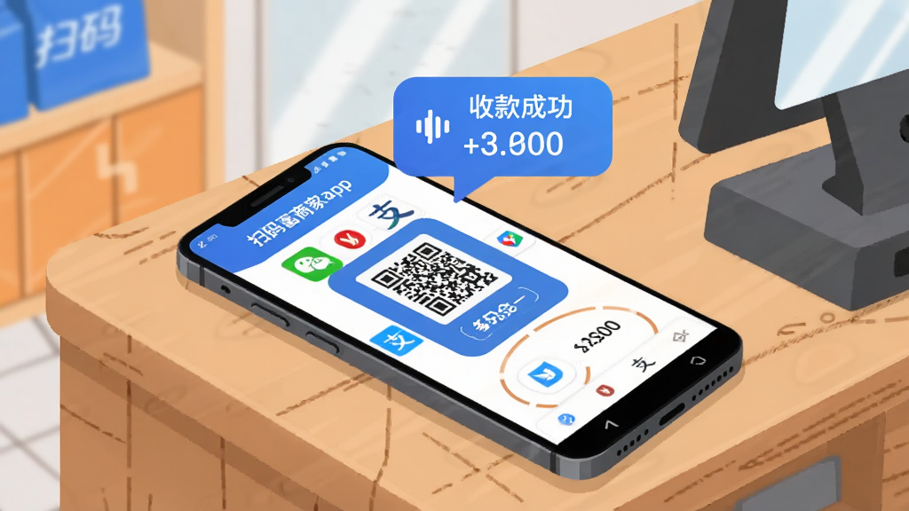 一部安卓手机平放在木质收银台上,屏幕显示“扫码富商家app”的多码合一收款页面,页面中央是一张整合收款二维码,旁边有微信、支付宝等支付图标环绕,手机上方漂浮“收款成功”语音气泡与金额数字,背景为简洁的店铺收银台环境,扁平插画风格,蓝橙配色,画质干净高清