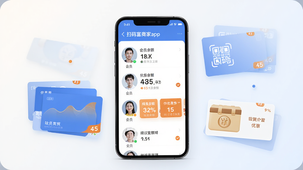 手机屏幕展示“扫码富商家app”会员管理界面,画面中有会员头像列表、储值余额数字与优惠券卡片,手机旁边放置几张会员卡样式的图形元素,背景为浅色渐变,整体风格清新简洁,蓝白配色搭配少量橙色高亮,画质清晰干净