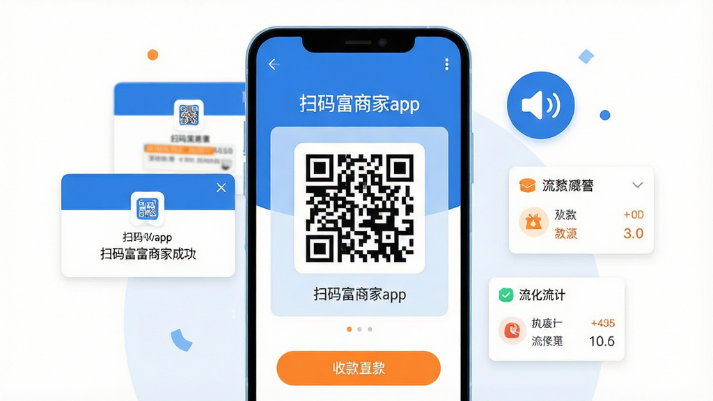 一张手机屏幕展示“扫码富商家app”收款界面的场景图,画面主体为一部竖放的安卓手机,屏幕中央显示醒目的收款二维码与“扫码富商家app”字样,手机周围环绕收款成功弹窗、语音播报图标与流水统计小卡片,整体采用扁平化商业插画风格,配色以蓝白为主、点缀橙色按钮,背景干净留白,细节清晰,画质高清,无多余元素