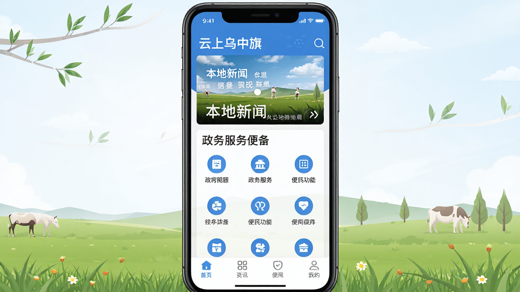 手机屏幕中展示一款名为“云上乌中旗”的资讯应用界面,主体为竖屏手机正面视图,布局上顶部为本地新闻轮播图,中部为政务服务和便民功能图标网格,底部为导航栏;排版整齐清晰,风格为现代扁平化UI设计,细节包含草原元素点缀和蓝色主色调,画质高清,画面干净,无多余元素