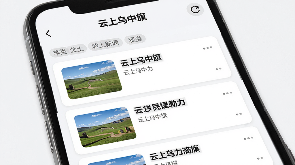 一款名为“云上乌中旗”的手机应用新闻列表页面,主体为手机屏幕特写,布局上采用卡片式新闻流,每条新闻配缩略图与标题,排版左图右文,风格简洁明快,细节包含分类标签栏和刷新按钮,画质清晰,画面干净,无多余元素