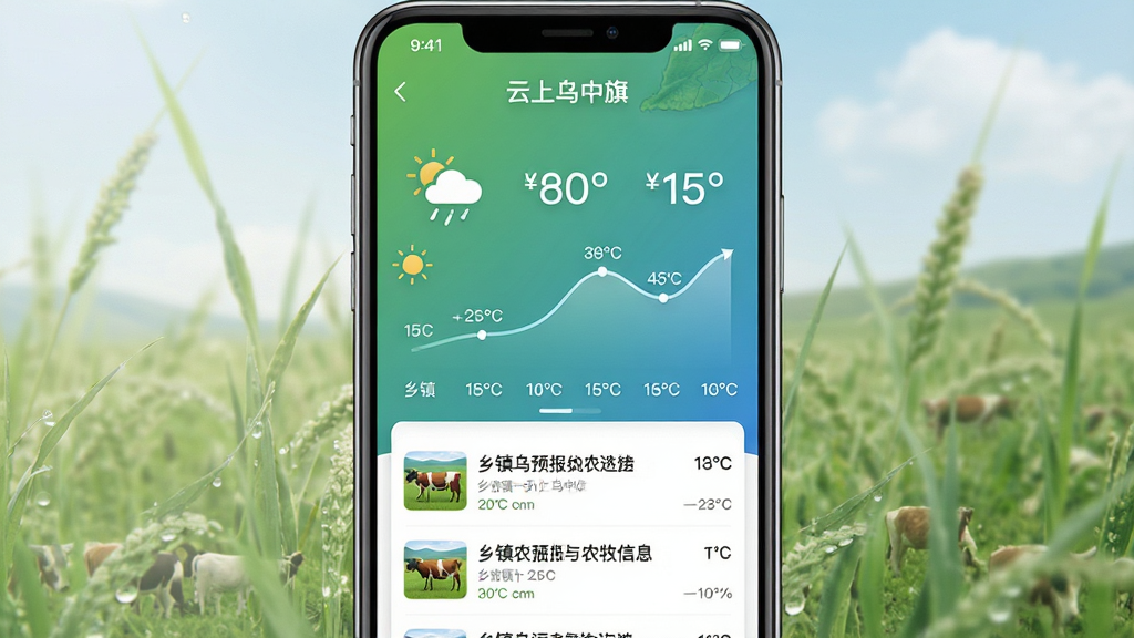 手机界面展示“云上乌中旗”应用中的乡镇天气预报与农牧信息板块,主体为手机屏幕正面,布局上上半部分为天气图标与温度曲线图,下半部分为农牧业资讯列表,排版纵向分层,风格清新自然,细节包含绿色与蓝色渐变背景、乡镇名称标签,画质高清,画面干净,无多余元素